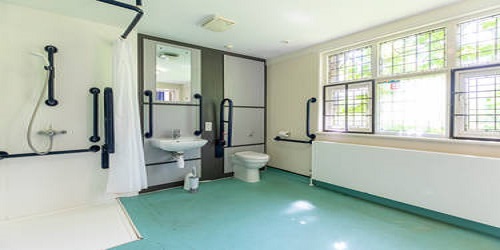 A spacious accessible bathroom with several handrails by the toilet and sink and within the large shower space.